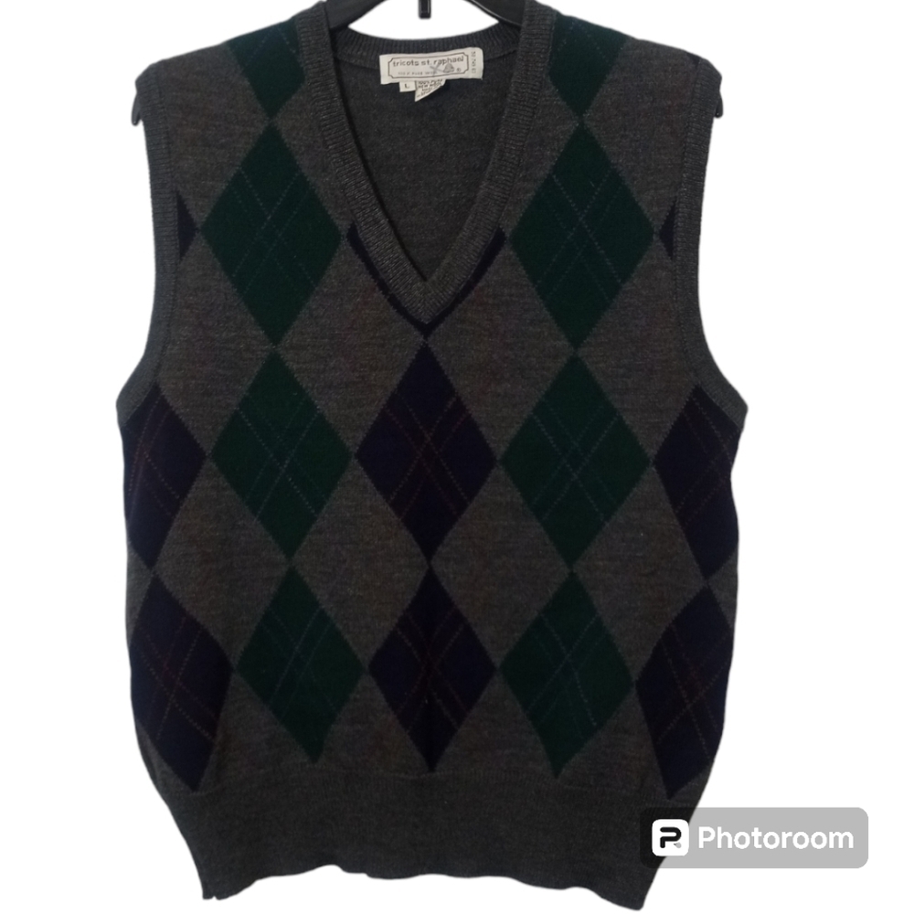 Tricots St Raphael V Neck Vintage Gray Wool Argyle  Sweater Vest  Size Large